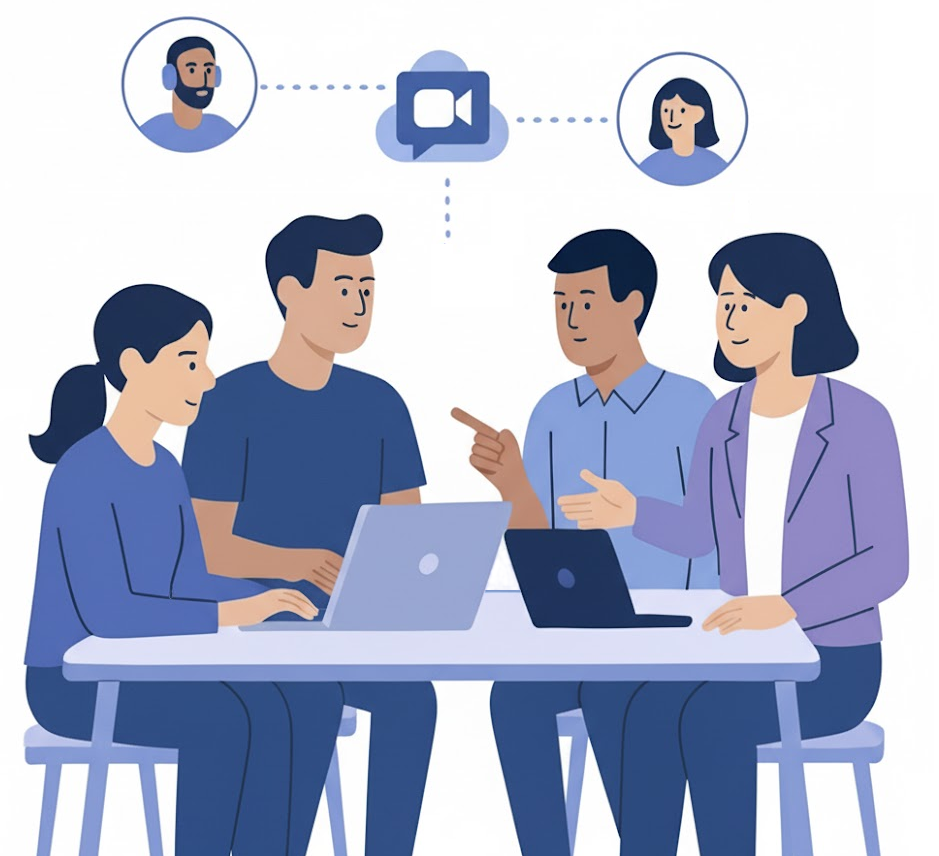 Four people collaborating around a table